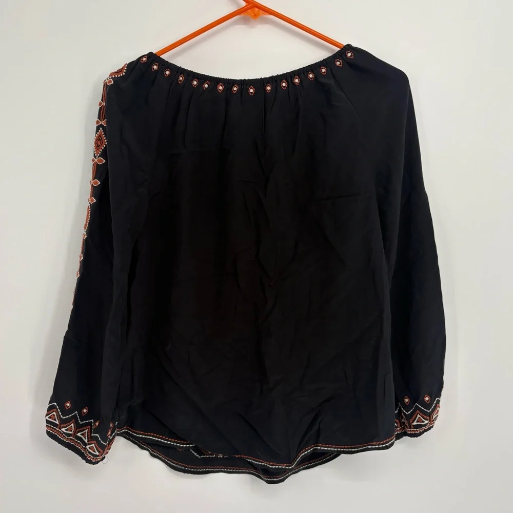 Tory Burch Jessie Black Silk Blouse with Orange Embroidery